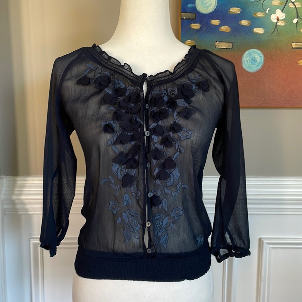 Abercrombie & Fitch Sheer Navy Button Up Blouse Floral Detail Size S